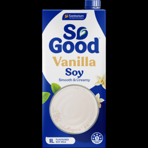 A carton of Sanitarium So Good Vanilla Flavoured Soy Milk showcasing its creamy texture and plant-based nutritional benefits.