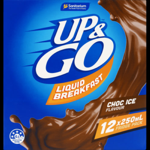 Sanitarium Up & Go Chocolate Flavour Liquid Breakfast 12-pack, a nutritious, convenient breakfast drink with 10 vitamins and minerals.