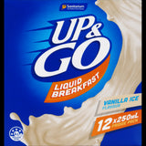 Sanitarium Up & Go Drink Vanilla Ice 12pk, a nutritious liquid breakfast with 10 vitamins, low GI, and no artificial colors.