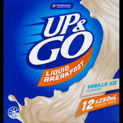 Sanitarium Up & Go Vanilla Ice drink 12-pack, a nutritious liquid breakfast with 10 vitamins, low GI, and no artificial colors.