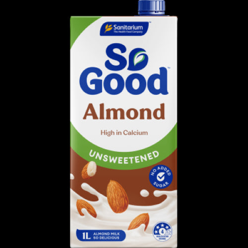 Sanitarium So Good Unsweetened Almond Milk 1L carton, a creamy, low-calorie dairy alternative rich in vitamins and nutty flavor.