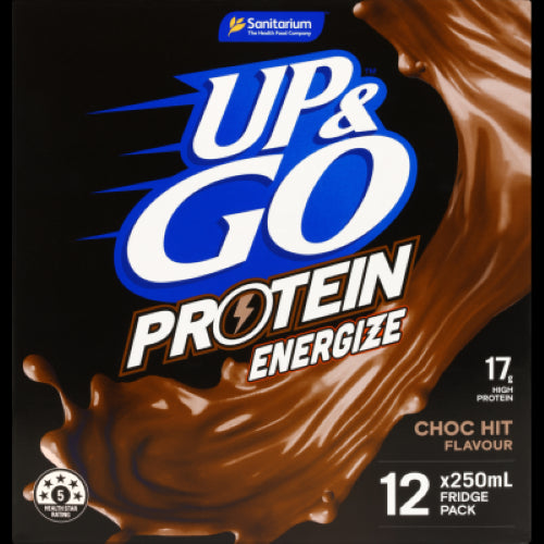 Sanitarium Up & Go Protein Energize liquid breakfast pack, 12 x 250ml, high protein, low GI, Choc Hit flavour, nutritious on-the-go drink.