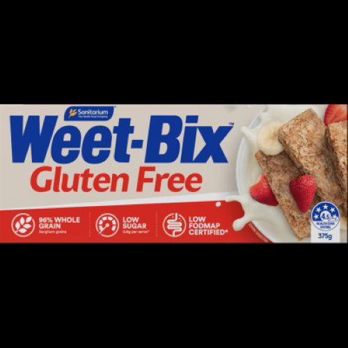 A box of Sanitarium Weet-Bix Gluten Free Breakfast Cereal made from Australian sorghum grains, perfect for healthy mornings.
