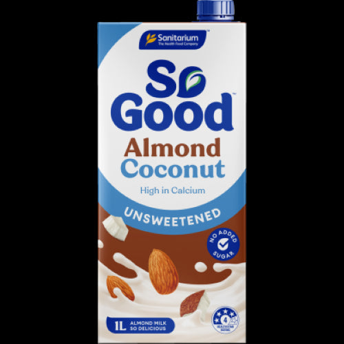 Carton of Sanitarium So Good Unsweetened Almond Coconut Milk, a creamy dairy-free blend ideal for smoothies and recipes.