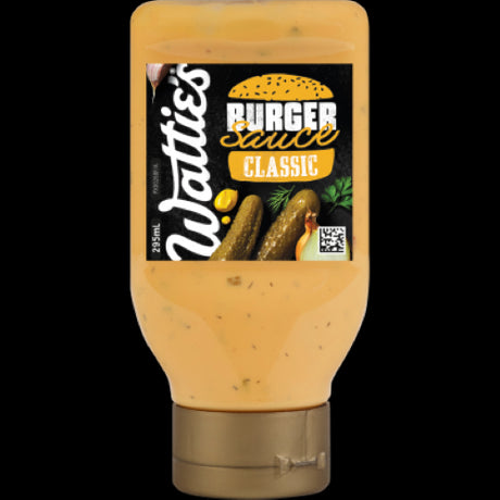 Wattie's Classic Burger Sauce bottle, a versatile condiment perfect for burgers, tacos, and dips with rich, tangy flavor.