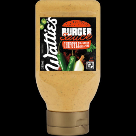 Bottle of Wattie's Chipotle & Green Jalapeno Burger Sauce, featuring smoky chipotle and zesty jalapeno flavors for gourmet meals.