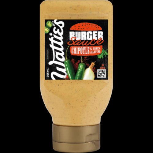 Wattie's Chipotle & Green Jalapeno Burger Sauce bottle featuring smoky, zesty flavors for burgers and snacks, 295ml.