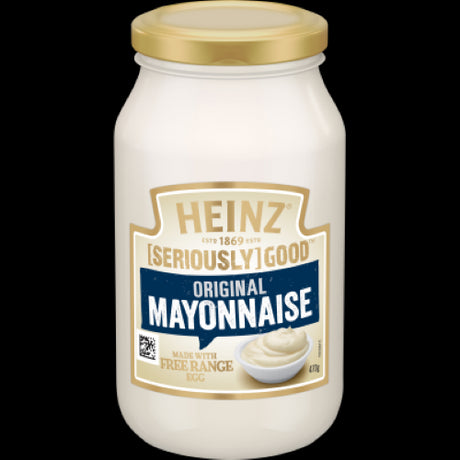 Jar of Heinz Seriously Good Original Mayonnaise 470g, featuring creamy texture, free-range eggs, and versatile use in meals.