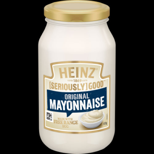 A jar of Heinz Seriously Good Original Mayonnaise, made with free-range eggs, perfect for enhancing meals and snacks.