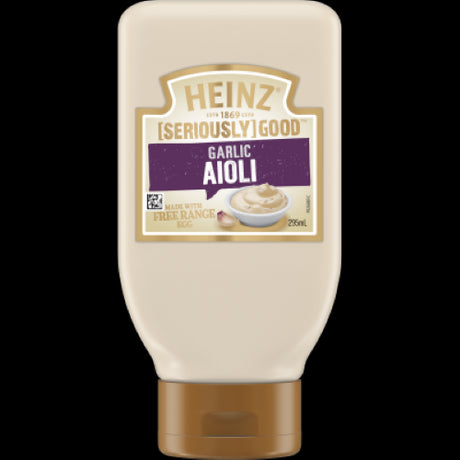 Heinz Seriously Good Garlic Aioli in a 295ml bottle, featuring rich garlic flavor ideal for dips, spreads, and dressings.