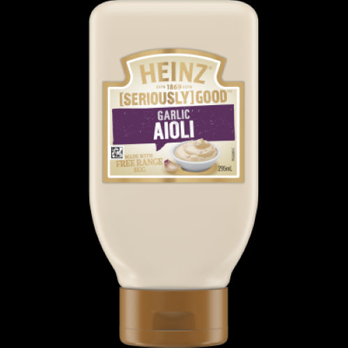 Heinz Seriously Good Garlic Aioli in a 295ml bottle, featuring rich garlic flavor ideal for dips, spreads, and dressings.