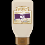 Heinz Seriously Good Garlic Aioli in a 295ml bottle, a rich, creamy condiment perfect for dipping and dressing meals.