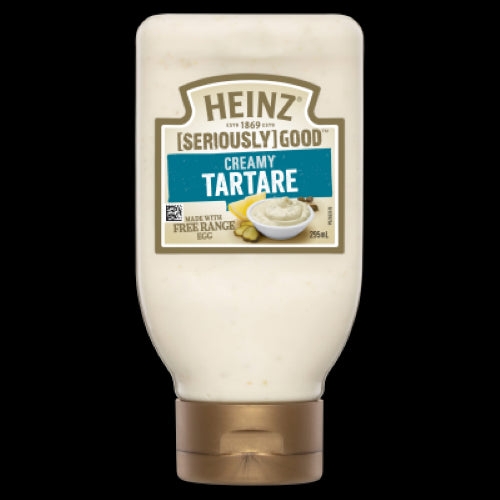 Heinz Seriously Good Creamy Tartare Sauce in a 295ml jar, perfect for enhancing seafood dishes with a rich, tangy flavor.