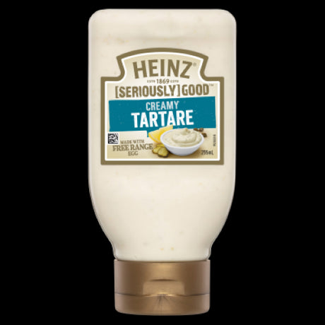 Heinz Seriously Good Creamy Tartare Sauce in a 295ml jar, perfect for enhancing seafood dishes with a rich, tangy flavor.