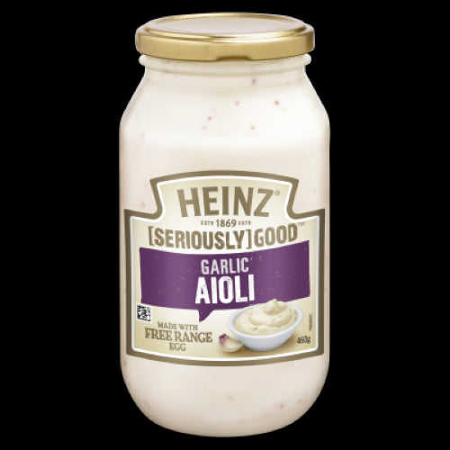 Heinz Seriously Good Garlic Aioli 460g jar, perfect for dipping, spreading, or dressing with rich garlic flavor.