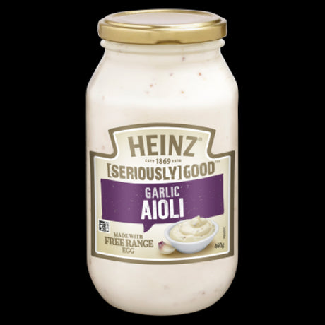 Heinz Seriously Good Garlic Aioli 460g jar, perfect for dipping, spreading, or dressing with rich garlic flavor.