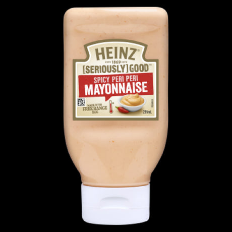 Heinz Seriously Good Spicy Peri Peri Mayonnaise, 295ml, features creamy texture with a spicy peri peri kick, perfect for dips and meals.