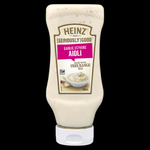 Creamy Heinz Garlic Lovers Aioli in a 500ml bottle, perfect for dips, spreads, and elevating any meal with rich garlic flavor.