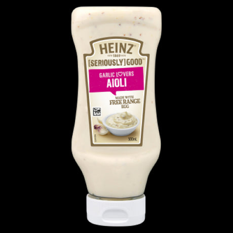 Creamy Heinz Garlic Lovers Aioli in a 500ml bottle, perfect for dips, spreads, and elevating any meal with rich garlic flavor.