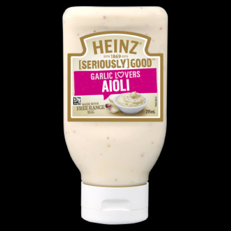 Creamy Heinz Garlic Lovers Aioli in a 295g jar, perfect as a dip or spread for chips, seafood, and sandwiches.