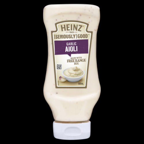 Heinz Seriously Good Garlic Aioli 500ml bottle, creamy garlic dip perfect for enhancing meals and snacks.