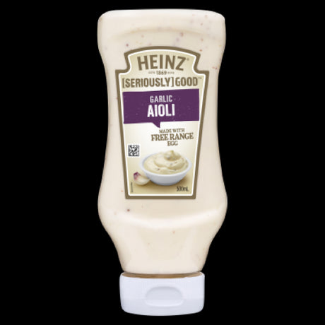 Heinz Seriously Good Garlic Aioli 500ml bottle, creamy garlic dip perfect for enhancing meals and snacks.