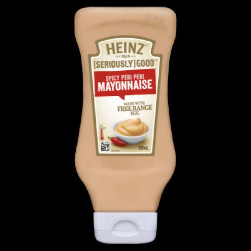 Heinz Seriously Good Peri Peri Mayonnaise in a squeezy bottle, offering a creamy, spicy kick perfect for enhancing meals.