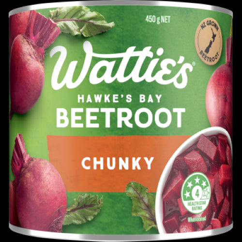 Wattie's Chunky Beetroot 450g jar showcasing vibrant, pre-cut beetroot chunks, free from preservatives and perfect for healthy meals.