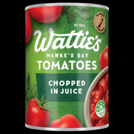 Wattie's Tomatoes Chopped in Juice 400g can for versatile cooking, perfect for sauces, soups, and healthy meals without preservatives.