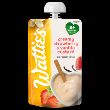 Wattie's For Baby creamy strawberry and vanilla custard, a smooth 120g dessert for babies 8+ months, with no preservatives.