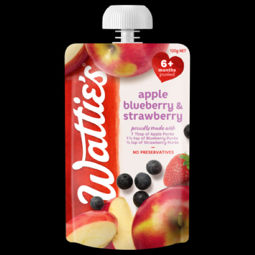 Wattie's baby puree pouch with apple, blueberry, and strawberry, perfect for 6+ months, nutritious and no added sugars.