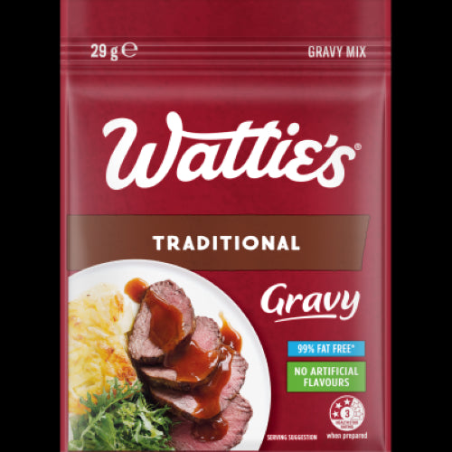 Wattie's Traditional Gravy Mix 29g for flavorful, smooth gravy enhancing family meals with no artificial flavors, 99% fat-free.