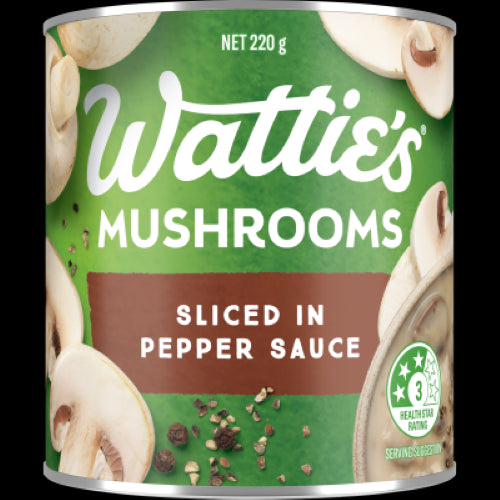 Wattie's Sliced Mushrooms in Pepper Sauce, 220g: pre-sliced mushrooms in rich pepper sauce, perfect for various dishes.