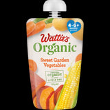 Wattie's Organic Sweet Garden Vegetables pureed meal for babies, made from organic veggies, no additives, 120g jar.