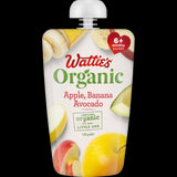 Wattie's Organic Apple Banana & Avocado puree in a pouch, ideal for babies 6+ months, with no preservatives or artificial ingredients.