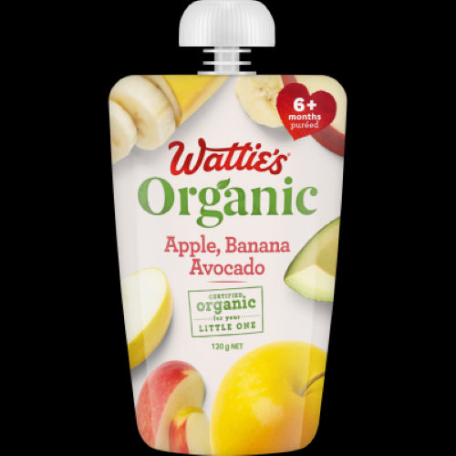 Wattie's Organic Apple Banana & Avocado puree for babies 6+ months, featuring sweet fruits and creamy avocado, certified organic.