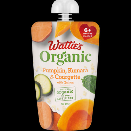 Organic puree of pumpkin, kumara, courgette, and quinoa for babies, packed in a 120g pouch with no additives.