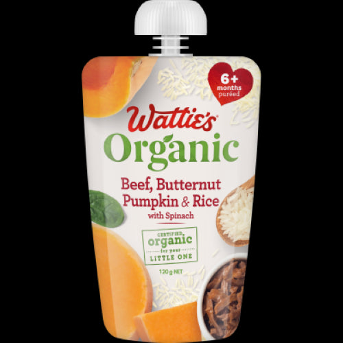 Wattie's Organic Beef Butternut Pumpkin & Rice with Spinach puree for babies, 120g pouch, nutrient-rich and preservative-free.