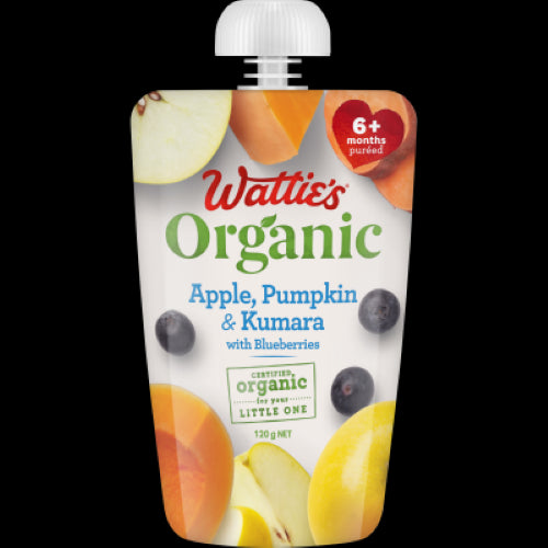 Organic baby food pouch featuring apple, pumpkin, kumara, and blueberries, suitable for babies 6+ months.