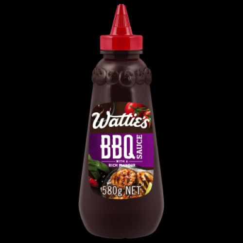 Wattie's BBQ Sauce 580g bottle, featuring rich flavor for grilling, marinating, and enhancing meats and vegetables.