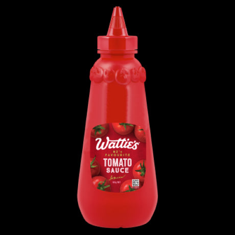 Wattie's Tomato Sauce 565g bottle, New Zealand's favorite condiment, perfect for enhancing meals with its tangy, sweet flavor.