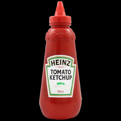 Heinz Tomato Ketchup 500ml bottle showcasing rich, tangy flavor, made from high-quality tomatoes and no preservatives.