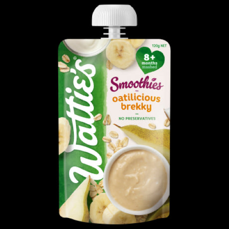 Wattie's Oatilicious Brekky Smoothies for babies, featuring banana, pear, oats, and yogurt; perfect for nutritious breakfasts.