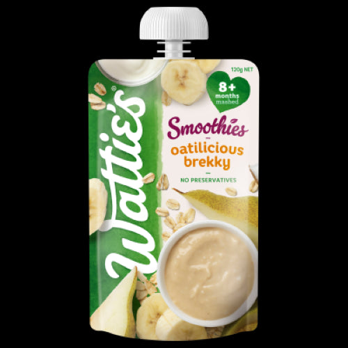 Creamy banana and pear smoothie with oats and yogurt, perfect for babies 8 months+ as a nutritious breakfast or snack.