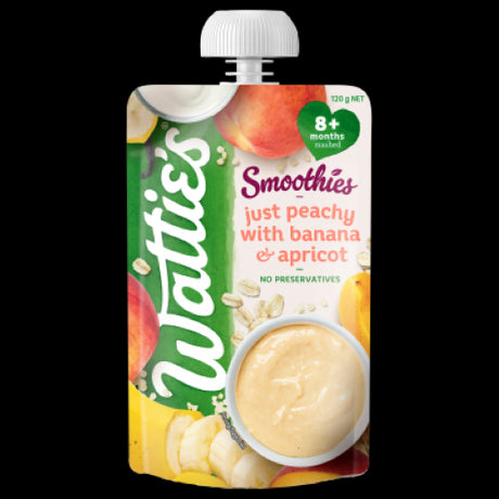 Wattie's baby smoothie pouch featuring peach, banana, and apricot blend for nutritious breakfast, suitable for 8+ months.