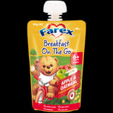 Farex Breakfast On The Go pouch featuring apple and oatmeal, perfect for babies 6+ months, ready to eat, no added sugars.