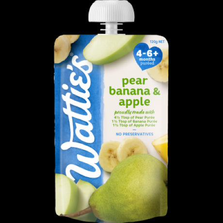 Wattie's pureed pear, banana, and apple for babies, ideal for 4-6+ months, featuring no preservatives or added sugars.