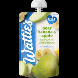 Pureed fruit pouch containing pear, banana, and apple, ideal for babies 4-6+ months, with no preservatives or added sugars.