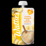 Creamy banana custard for babies 6+ months, nutritious, smooth texture, no preservatives, convenient 120g pouch for easy serving.