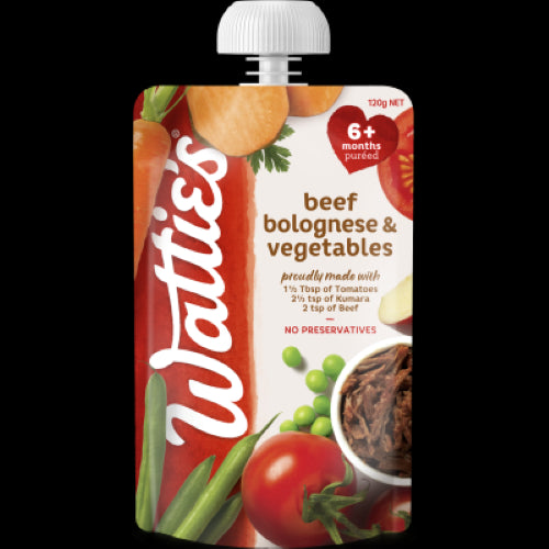 Wattie's For Baby Beef Bolognese & Vegetables puree in a jar, designed for infants 6+ months, free from preservatives and additives.